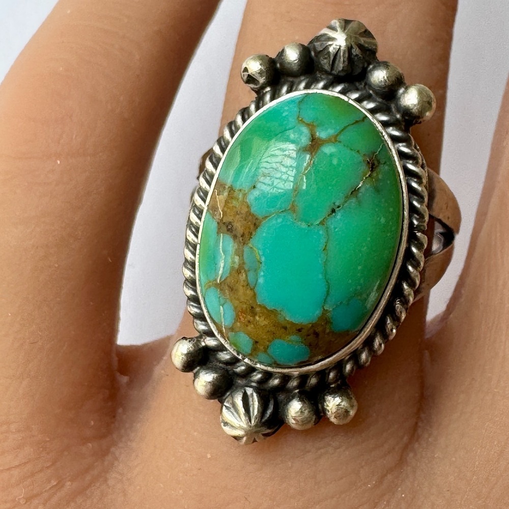 Navajo Sonoran Gold Turquoise Ring Sz 8 Sterling Signed F Stamp Native American